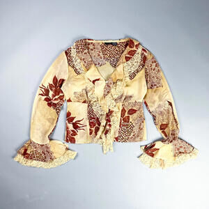 Vintage Floral Patchwork Ruffle Blouse with Lace Trim, Bell Sleeves